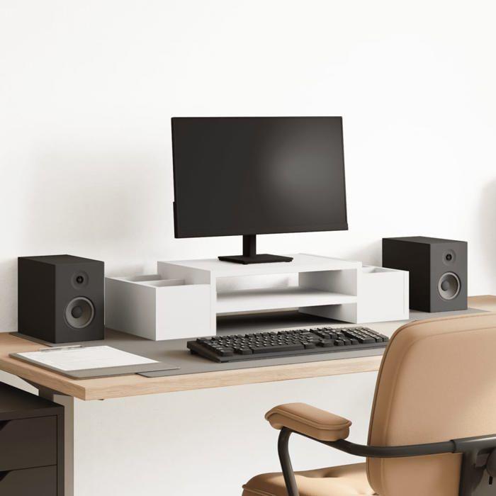 VidaXL Support de moniteur avec rangement blanc bois d'ingénierie, support de moniteur pour bureau, étagère de moniteur, 854679