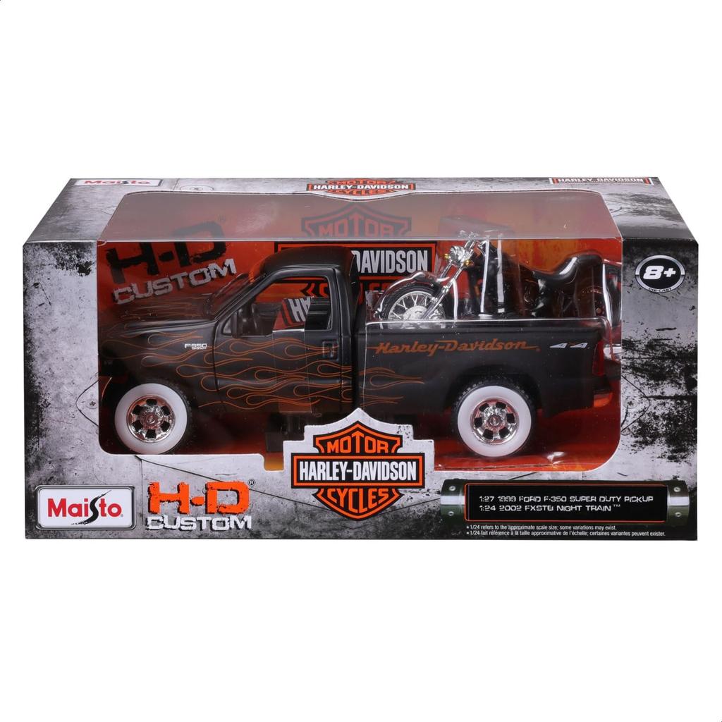 Maisto Ford 1999 Super Duty 2002 FXSTB Night Train Black Custom Series Diecast Model Car Finished Product 32181 1/27 F-350 & Harley-Davidson /