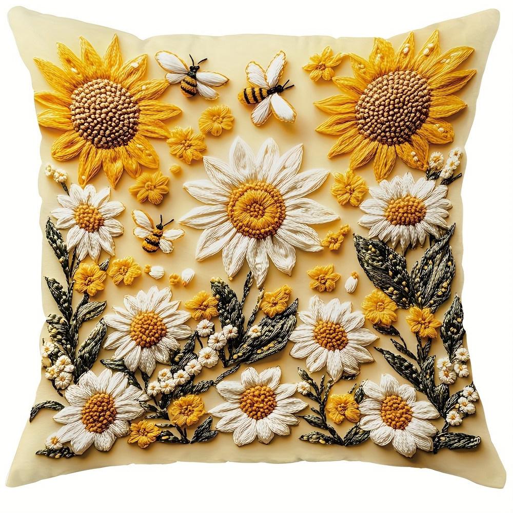 Floral Pillow Covers with Sunflowers, Daisies, Bees, and Butterflies Sofa Cushion Cover Home Room Decoration 2D Flat Printing