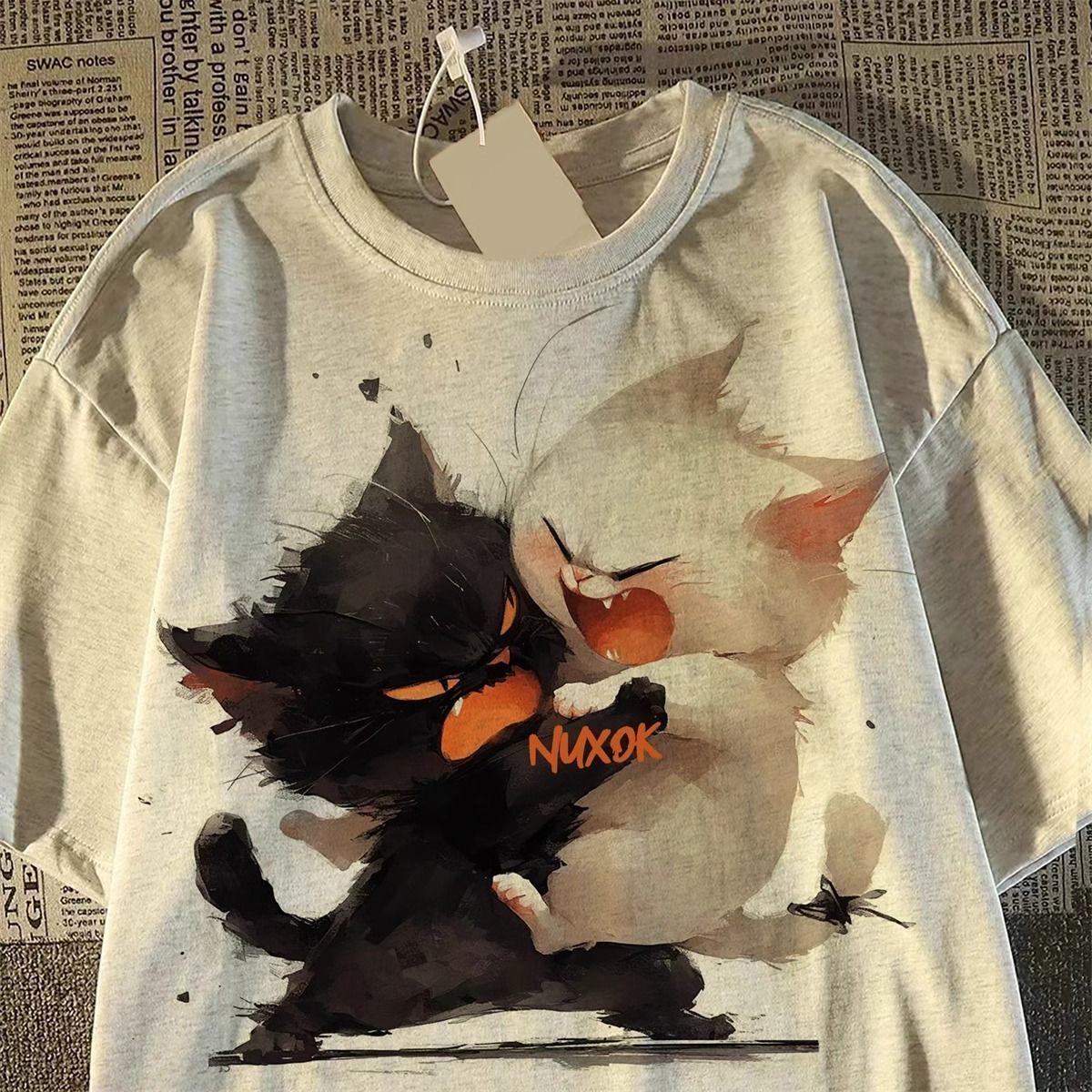 

Футболка Harajuku Oversize, высокое качество, 200 г, 100% хлопок, футболка, летняя, 2025 г., забавная футболка с принтом мультяшного кота для женщин, одежда, топы Y2k, уличная одежда 2XL серый