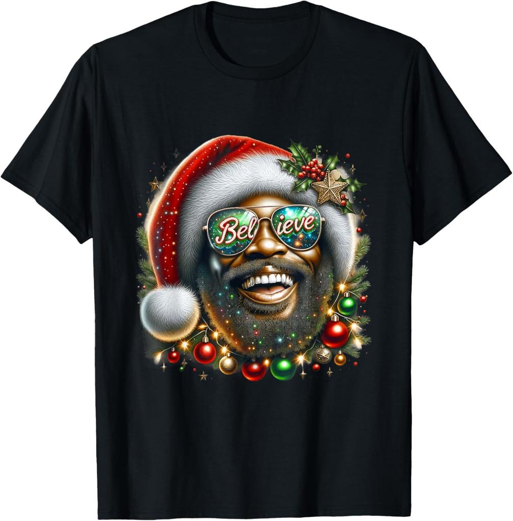 Afro American Santa Claus Believe Cool Black Matters Festive T-Shirt
