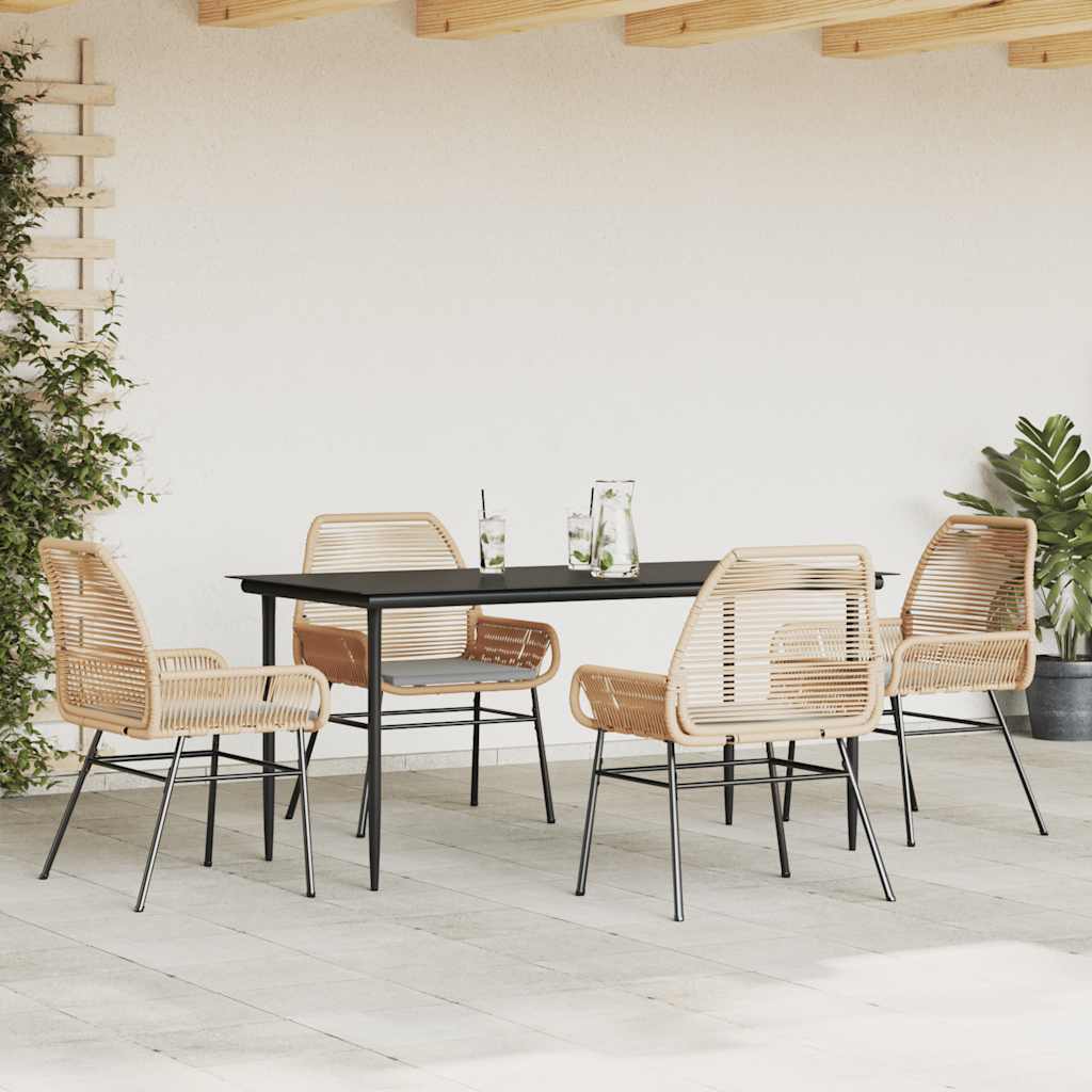 5 Piece Outdoor Dining Set with Cushions Brown Poly Rattan & Glass