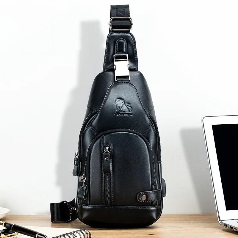 New 100% Genuine Leather Chest Bag Men's Fashion Style Casual Crossbody Bags With USB Large Capacity Men's Shoulder Bag