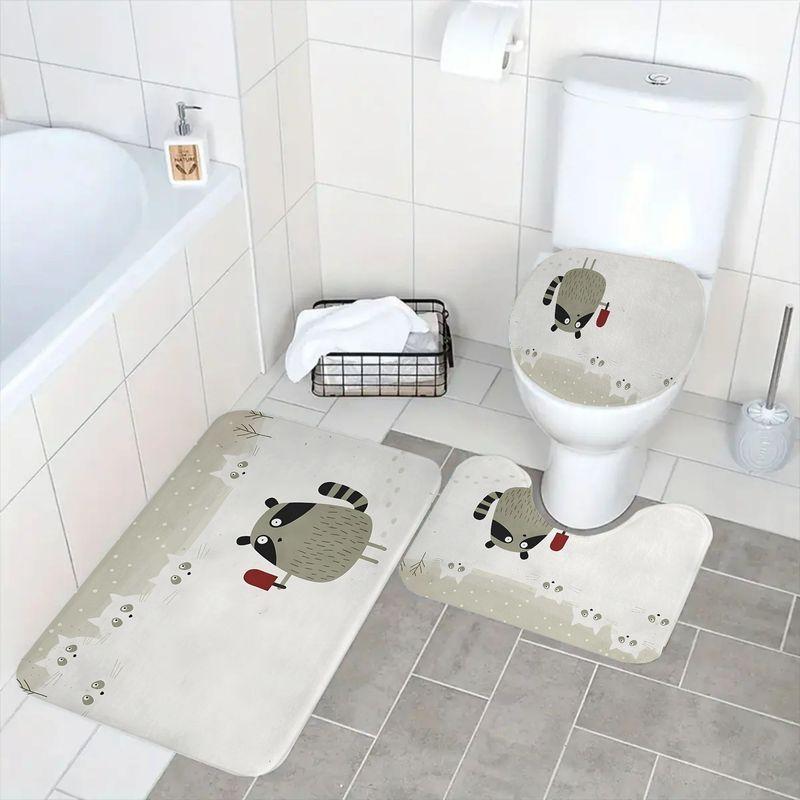 Raccoon Print Bath Set Three Piece Mat Toilet Lid Cover and U Shaped Rug Soft Flannel Non Slip for Compact Bathroom Decor