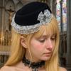 Elegant Lace Billycock Hat Sweet Heart Crystal Round Hat Vintage Bow Pillbox Hat  Dance Show