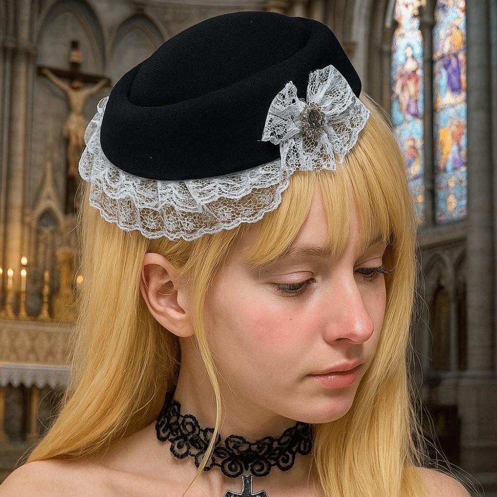 Elegant Lace Billycock Hat Sweet Heart Crystal Round Hat Hair Accessories Bow Pillbox Hat  Party