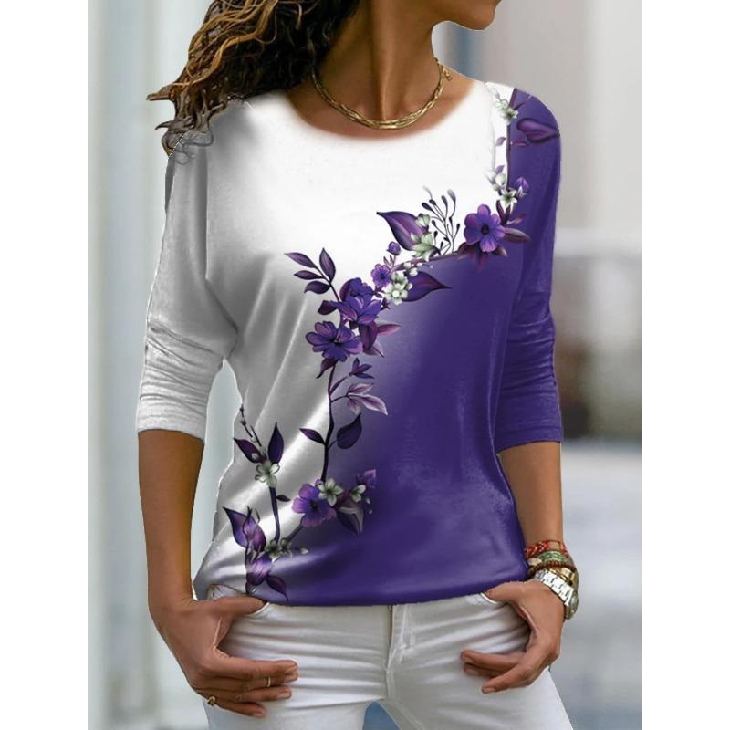 Autumn versatile long sleeved women's T-shirt with floral pattern printed regular retro casual O-Neck Bohemian multi-color top