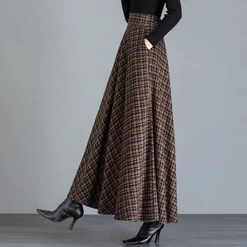 Skirt for Women Plaid Casual Elastic High Waist Long Loose Thickened Stretchy Slim Skirt