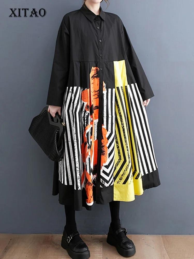 

XITAO Свободное платье в стиле пэчворк с длинными рукавами и отложным воротником, женское платье DMJ2291