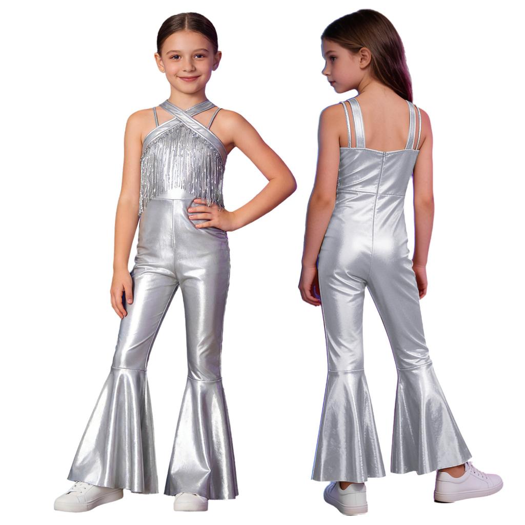 Metaliczny Kostium Body do Tańca Disco dla Dzieci: Bezrękawnikowy kombinezon z cekinami i frędzlami, z tyłu na niewidoczny zamek błyskawiczny i rozszerzanymi nogawkami
