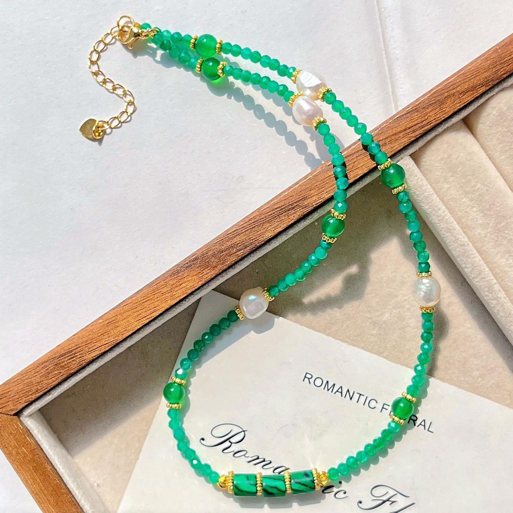 Natural Chrysoprase Freshwater Pearl Design Necklace Collarbone Chain