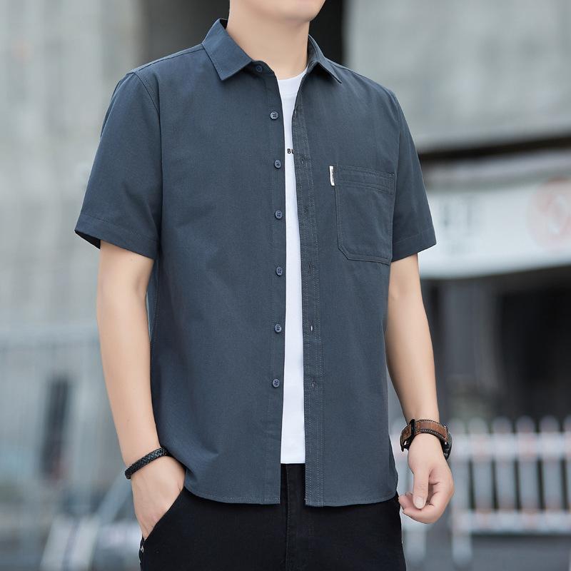 Summer Men's Short Sleeved Shirt Casual Solid Color Thin Washed Shirt