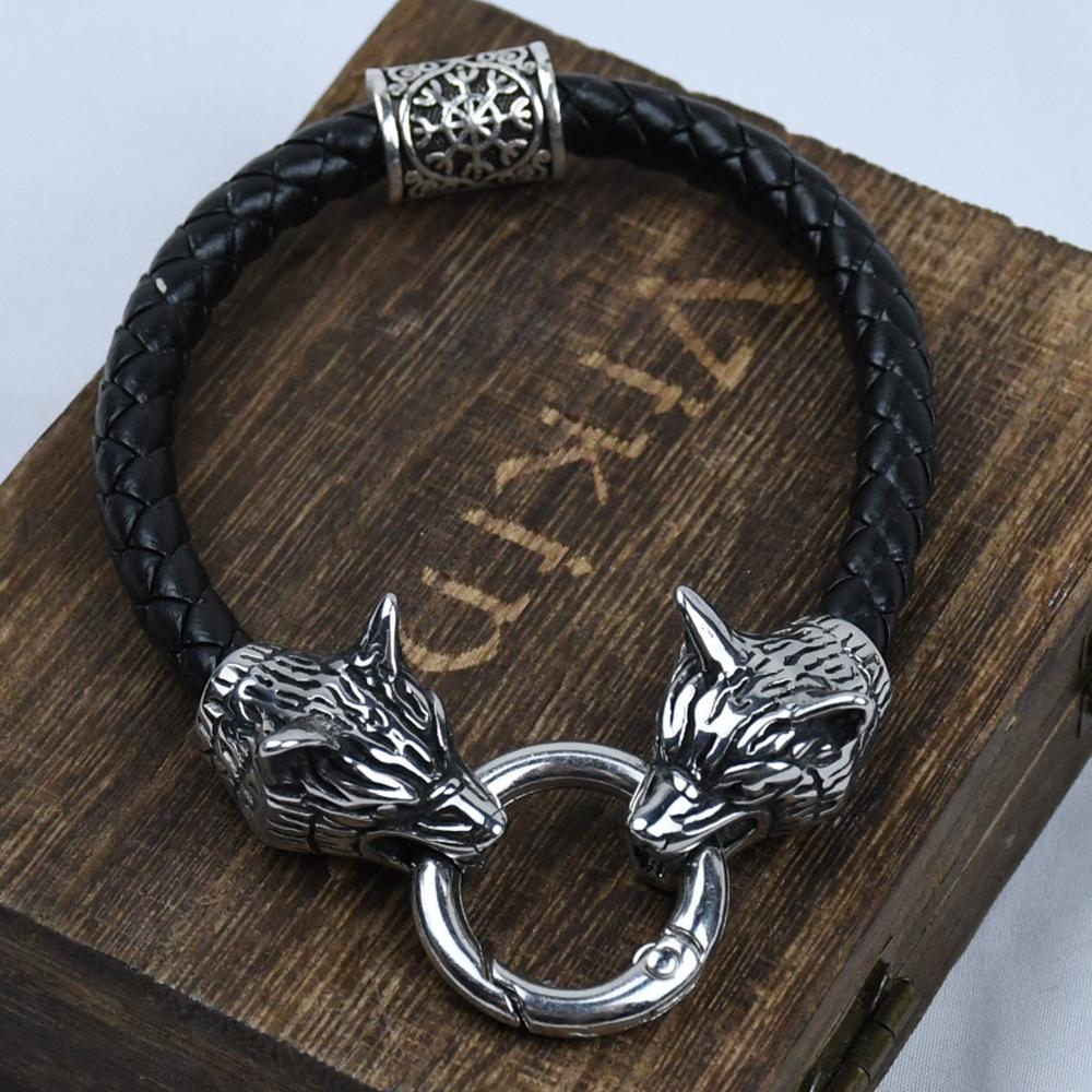 Wolf Head Bracelet Stainless Steel Viking Rune Bead Leather Bracelet Jewelry For Women Men Unisex Gift