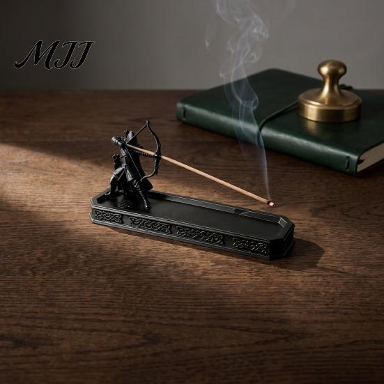 Fantasy Themed Office Desk Decor Incense Holder with Catch Tray, Archer Warrior Figurine Burner, 3D Printed Matte Black Resin Decorative Stick