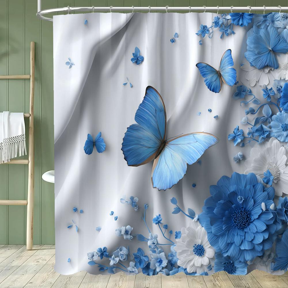 1pc Beautiful Blue Butterfly Shower Curtain Floral Bathroom Contain Decoration Printed Polyester Fabric Contains 12 Hooks