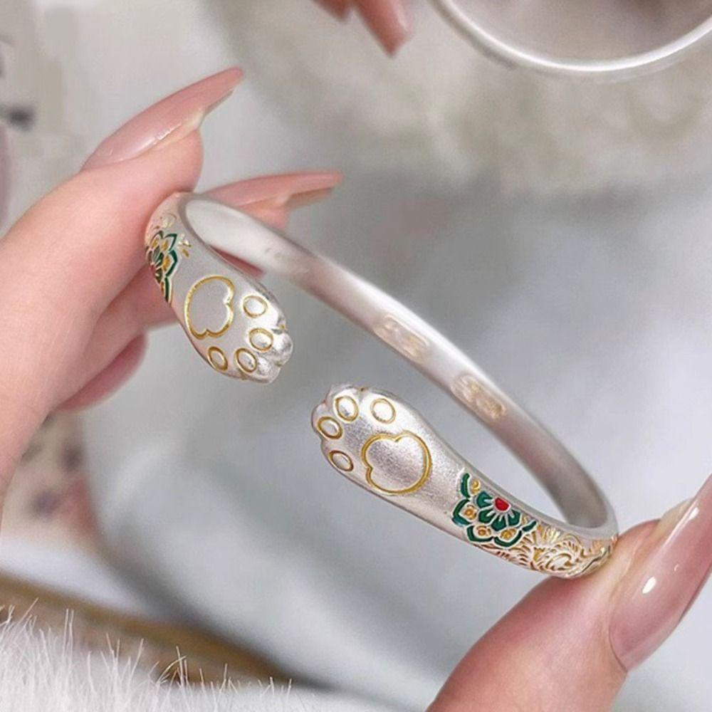 Traditional Enamel Flower Bangle Cat Paw Women's Opening Bracelet  Jewelry Gifts