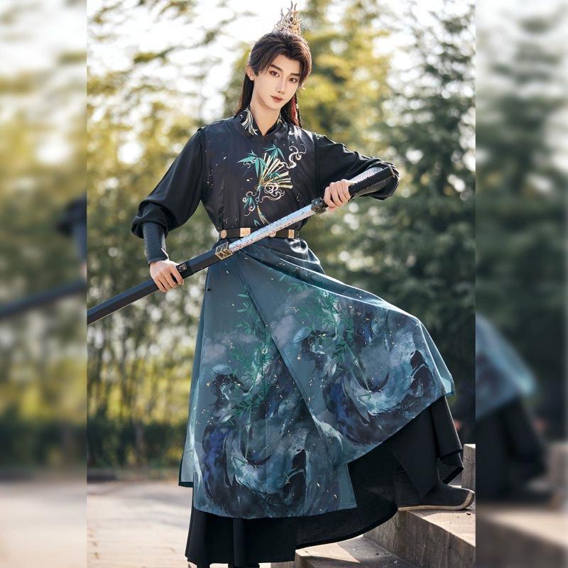 Chinese Song Dynasty Style Hanfu For Men And Women Round Neck Robe, Daily Black And Red, Couple Suit