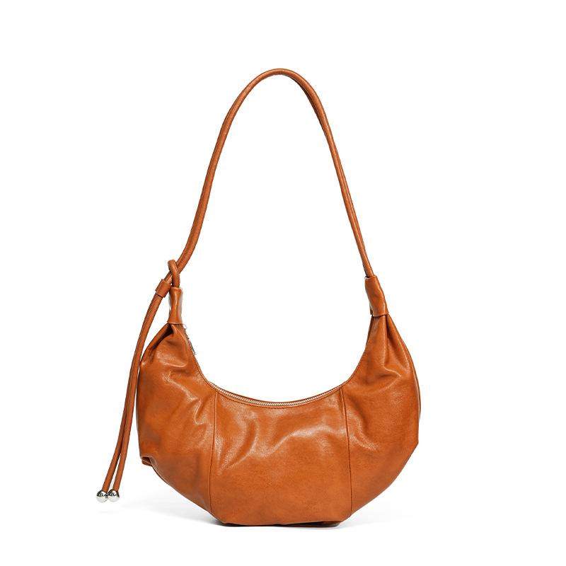 Casual Pleated First Layer Cowhide Shoulder Dumpling Bag Women's Leather Commuter Senior Sense Croissant