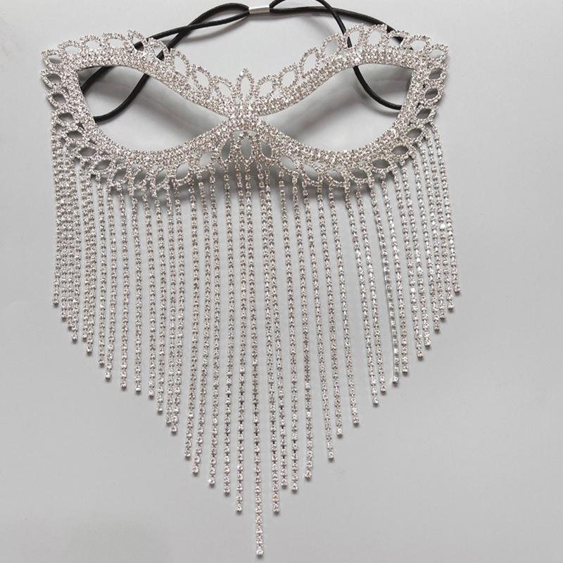 Tassel Veil Mask for Rhinestone Mask Chain Masquerade Face Mask for Creative Crystal Cats Eye Fringe Mask with Elasti