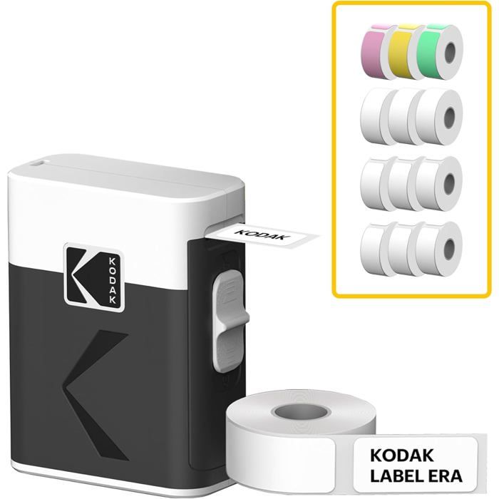 KODAK Memo Label ERA M50 - Imprimante d'Étiquettes, Bluetooth, iOS/Android, 4 Couleurs de Papier Incluses, Design Compact - Blanc