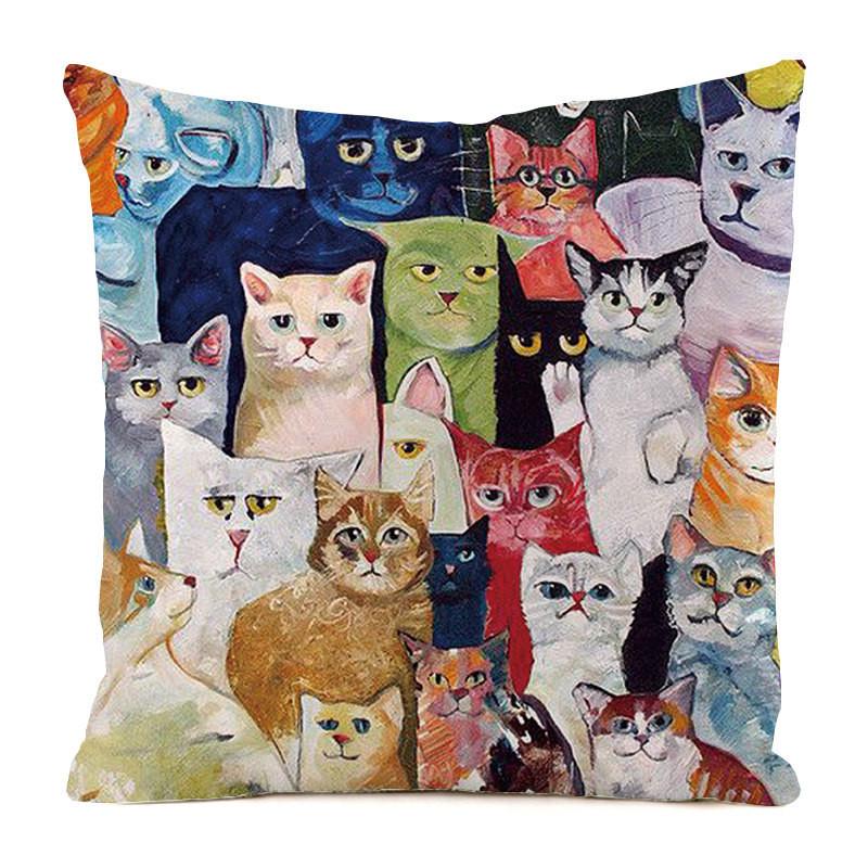 Cozy Many Cats Cushion Cover Plant Print Silk Material Decoration Bedside