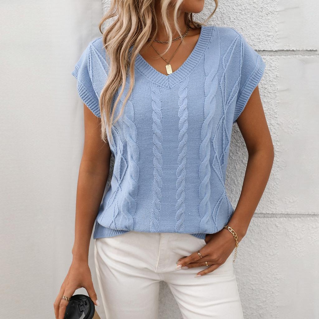 Women's Fashionable Solid Color V Neck  Short Sleeved Pullover T-shirt Top