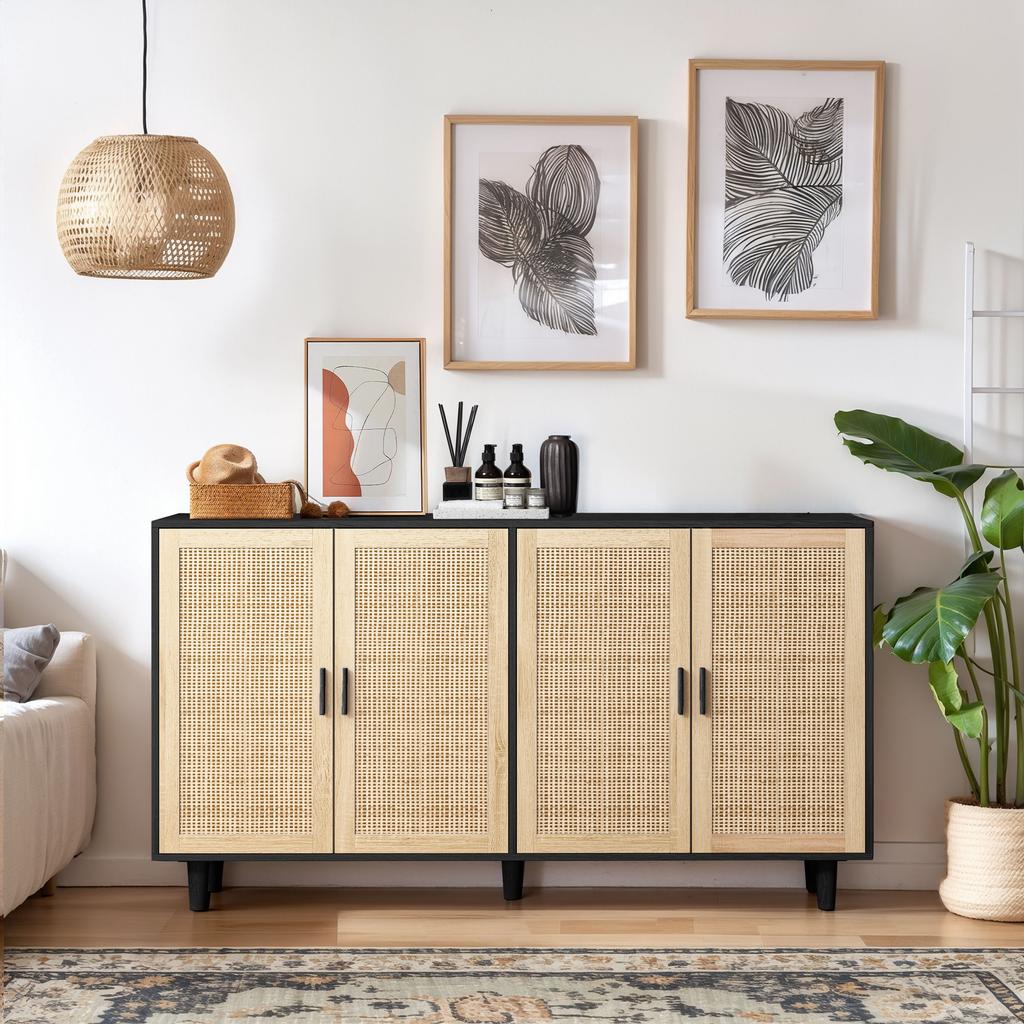 158CM Elegant and Functional 4-Door Rattan Decorative Storage Cabinet,for Bedroom,Living Room,Office,Black