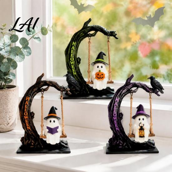 Spooky Porch Accessories Halloween Swinging Ghost on Tree Figurine Resin Swing Statue Festive Horror Atmosphere Reading Ornament Indoor Outdoor