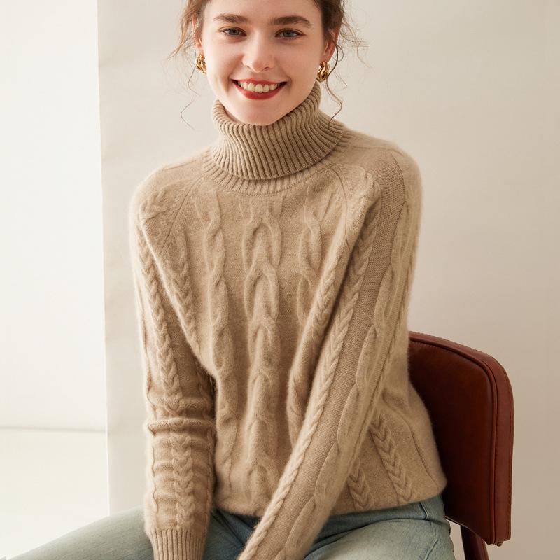 Women's High Neck Cable Knit Cashmere Sweater, Slimming Long Sleeve Thick Pullover for Autumn and Winter