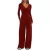 Women 2‑Piece Outfit V‑Neck Long Sleeve Ruched Top High Waist Wide Leg Pants Casual Loungewear Tracksuit Set