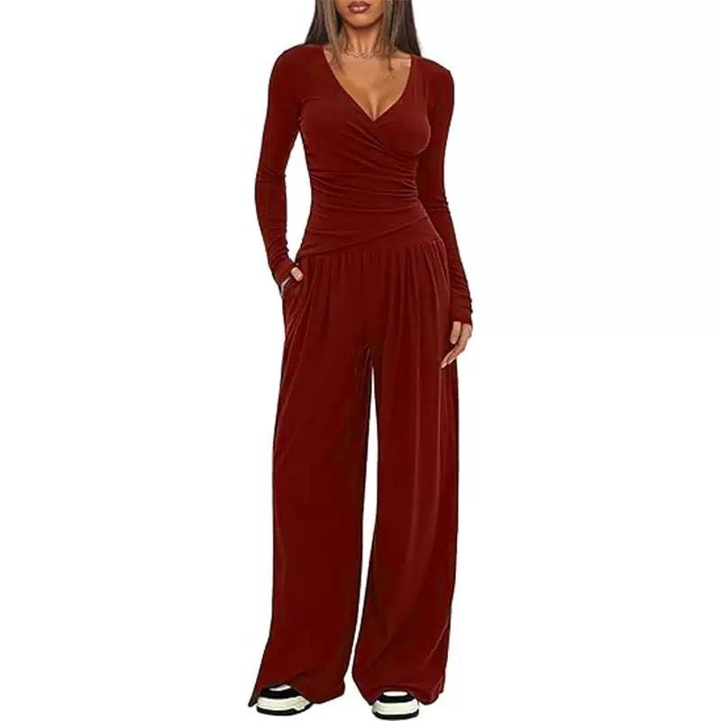 Women 2‑Piece Outfit V‑Neck Long Sleeve Ruched Top High Waist Wide Leg Pants Casual Loungewear Tracksuit Set