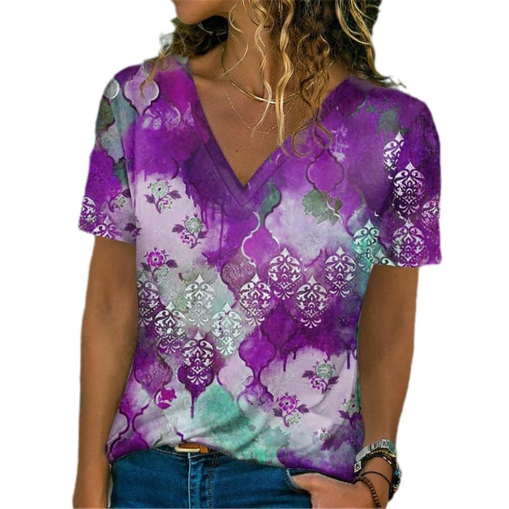 Summer new women's T-shirt 3d retro gradient floral print V-neck short-sleeved shirt fashion T-shirt clothing