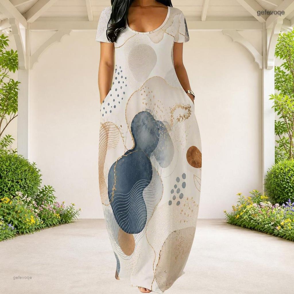 Women Plus Size Round Neck Short Sleeve Abstract Printed Loose Maxi Dress With Side Pockets