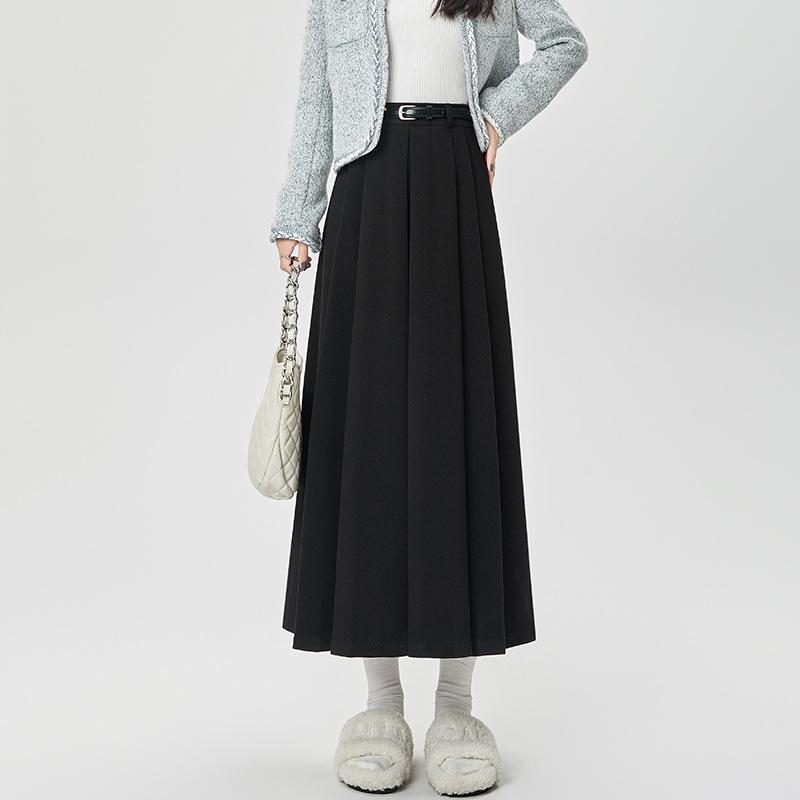 

Woolen Pleated A line Skirts Autumn Winter High Waist Slim Drape Casual Mid Length Skirt XS чорний