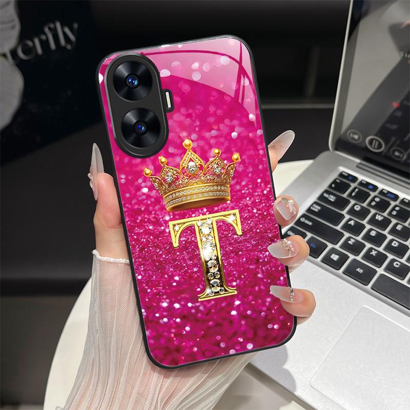 For Realme C55 4G Case Fashion Letters Hard Tempered Glass Back Covers For Realme Narzo N55 NarzoN55 C55 RMX3710 Phone Shell