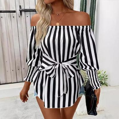 New Women's Fashion Loose Off-shoulder Lantern Sleeves Asymmetric Hem Striped Shirt