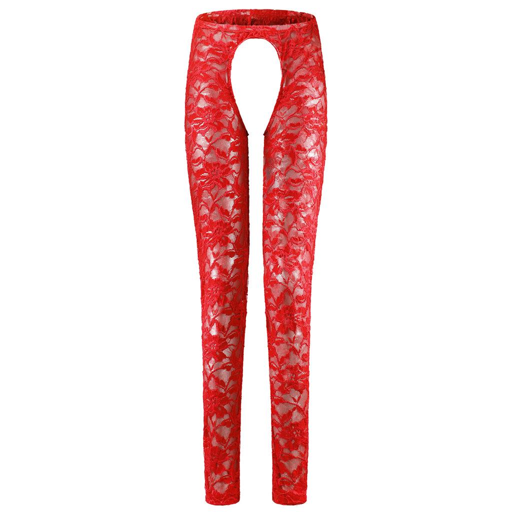 Sissy Lingerie See Through Floral Lace Open Crotch Long Pants Men Low Rise Bottoms Lounge Tight Stretchy Trousers Sleepwear