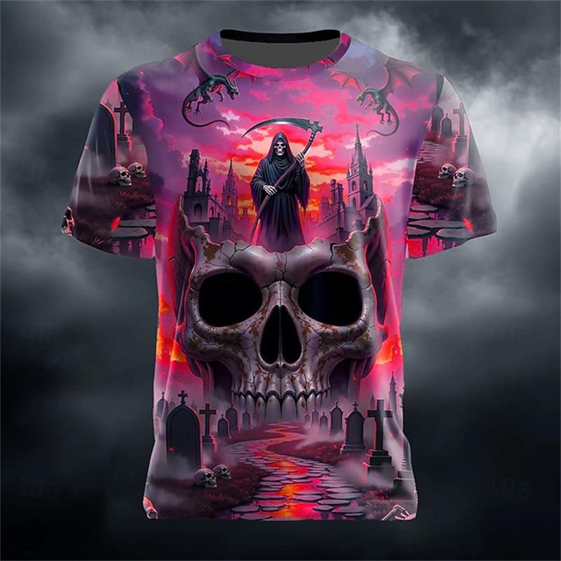2026 Summer 3D Skull Print with Fire Pattern Men's T-Shirt - Stylish Round-Neck Short-Sleeve T-Shirt - Spooky Halloween Top