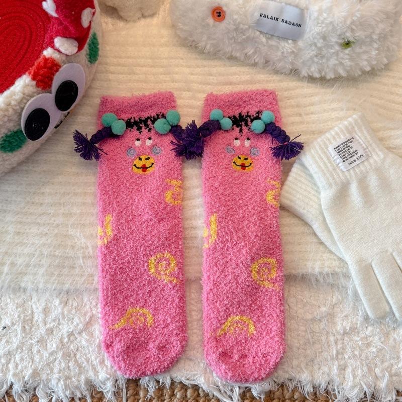 Coral fleece socks women's embroidery funny expression socks clown socks winter warm cute cartoon doll medium tube socks