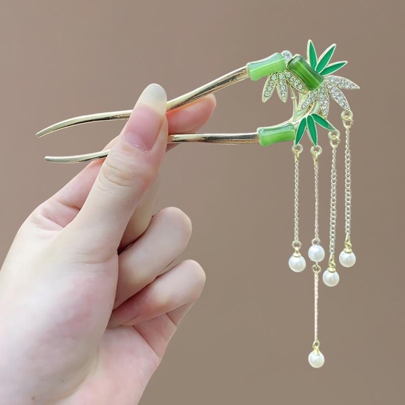 Grampo de Cabelo Borboleta Flor Estilo Antigo com Borla de Pérola para Cheongsam Hanfu