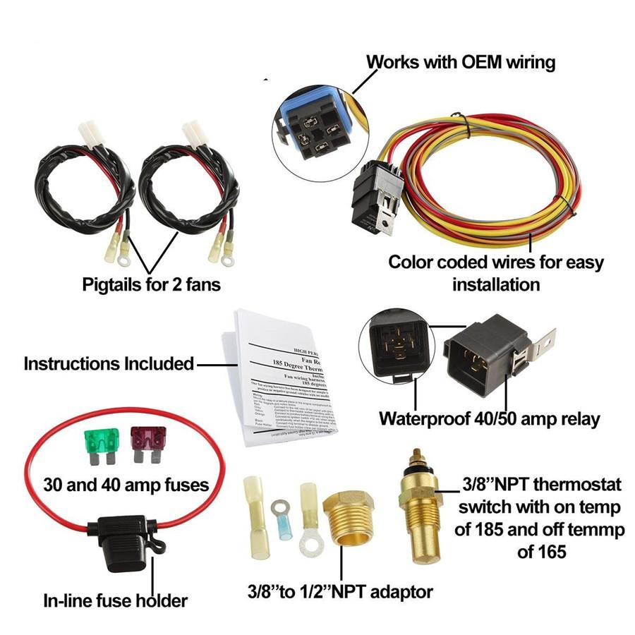 Dual Electric Cooling Fan Wiring Harness Thermostat Temp Switch Sensor Relay Kit