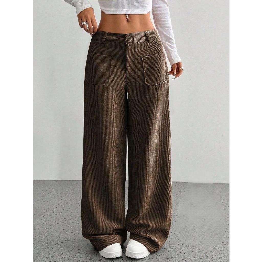 Corduroy-Textured Women's High-Waisted Wide-Leg Pants | Relaxed Fit, Side Pockets & All-Season Comfort, Machine Washable Beige Trousers