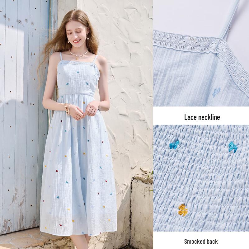 Xiangying Floral Embroidered A-Line Sling Dress