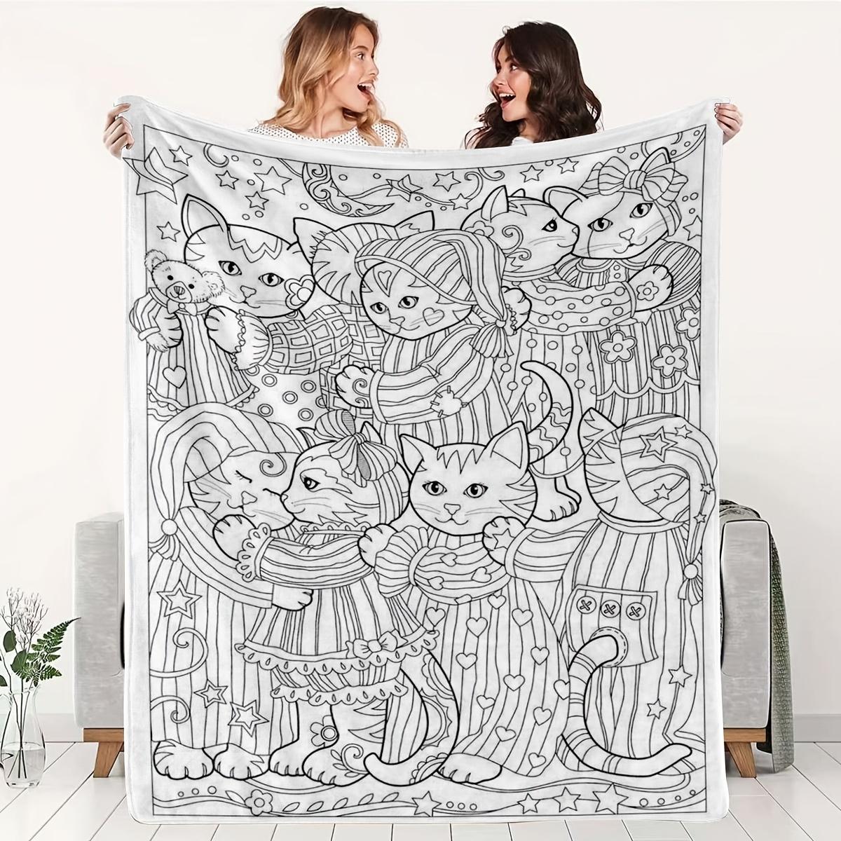 Volwassen Kleurpyjama Kat Flanellen Deken, Amerikaanse Cartoon Zwart Wit Lijntekening voor Slaapkamer Dutje Bank Plaid, Doe-het-zelf Decor Cadeau Size: 75*100cm, Weight: 230 GSM