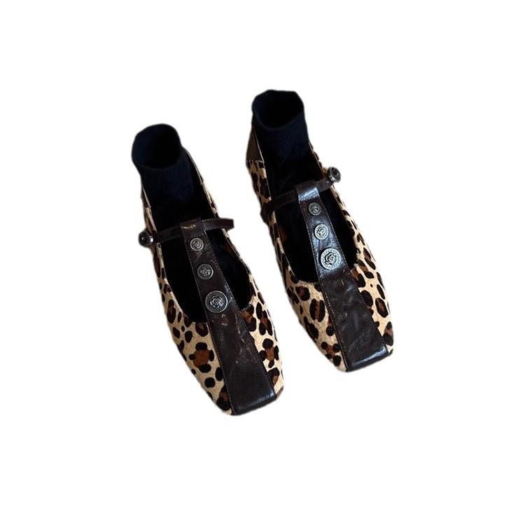 Sheepskin version~ niche leather leopard print T-button Mary Jane women's shoes retro square head horsehair flat bottom shallow mouth single shoes