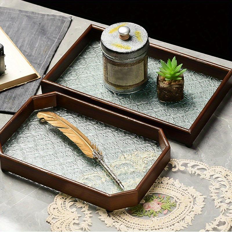 Black/White Square or Octagon 1pc Vintage Wood Crabapple Embossed Glass Desktop Tea tray,Walnut Snack Fruit Household Storage Tray.