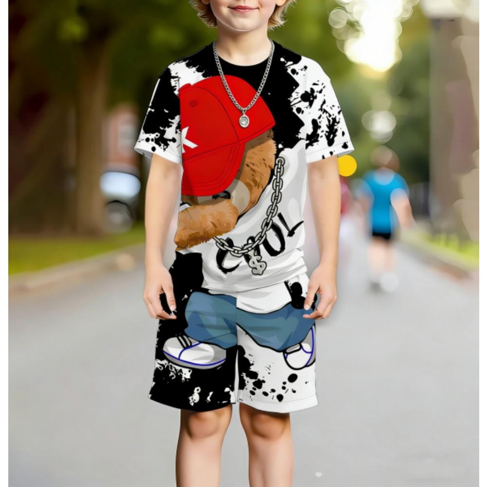 Europe and America Hip Hop Bear Men's Set Summer Men's T-shirt and Shorts 2 Piece Set Outdoor Casual Men's and Women's Outfit