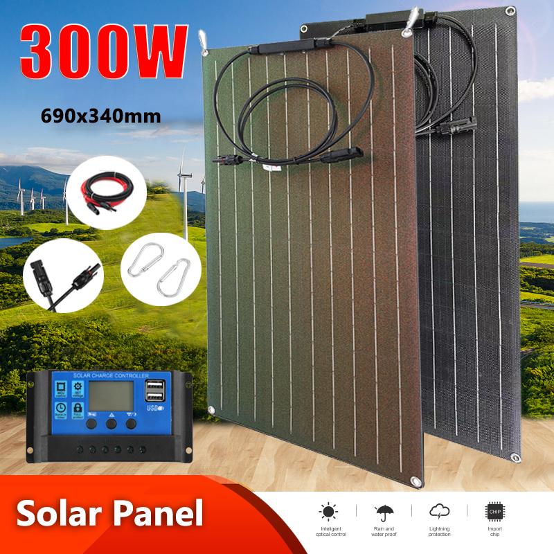 300W Solar Panel Kit 18V ETFE Flexible Monocrystalline Solar Cell Power Charger with 60A Controller for Camping Yacht RV Car 4