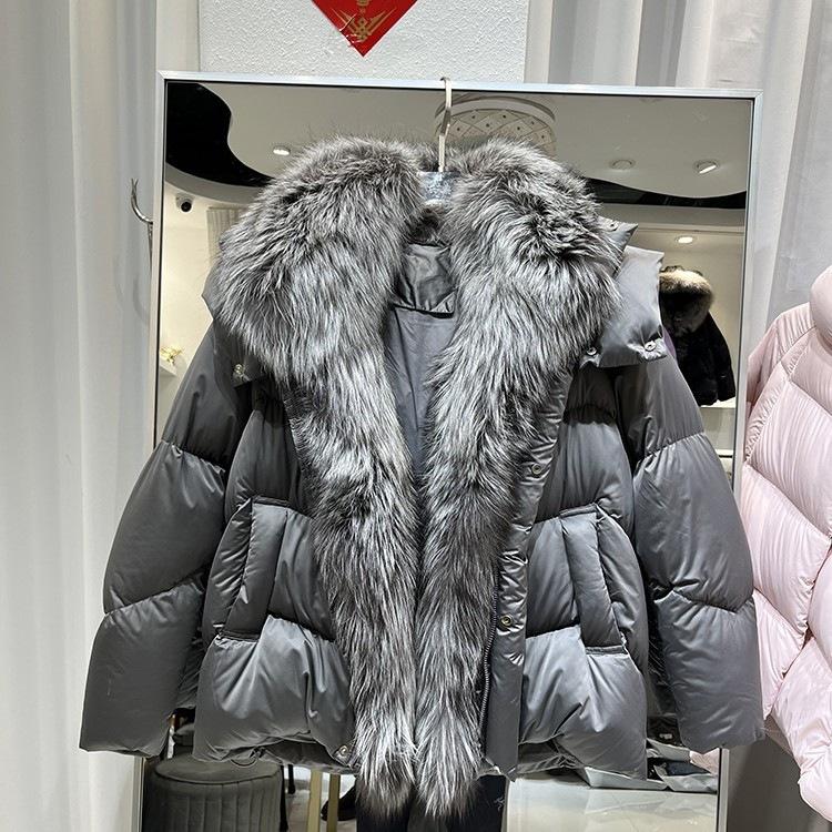 Europe Station winter new high-end fur silk fox fur collar down jacket women's short loose thickened coat
