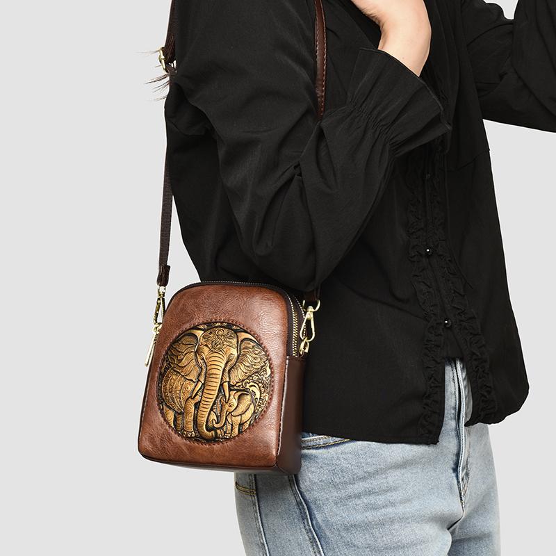 Women's Embossed Elephant Design Crossbody Bag Vintage Leather Shoulder Bag for Daily Use